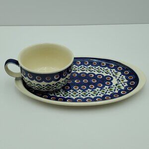 Wiza Polish Pottery Breakfast Plate and Mug Set Peacock Brown Dot Green Flower